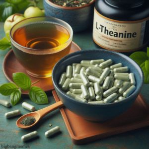 The supplements of L-Theanine lie next to a cup of green tea.