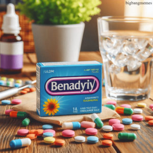 A box of Benadryl with a glass of water